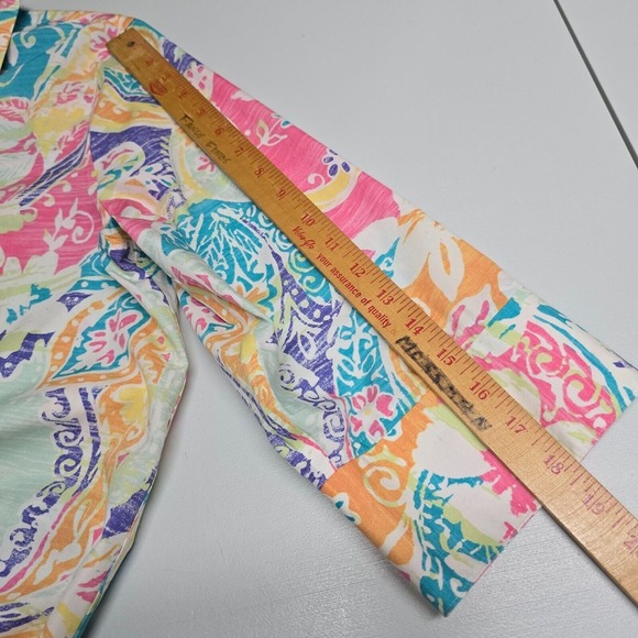 Chicos Shirt Women 3 XL Colorful Button Up 3/4 Sleeve‎ Tie Flowers Beach Artsy - Picture 9 of 11